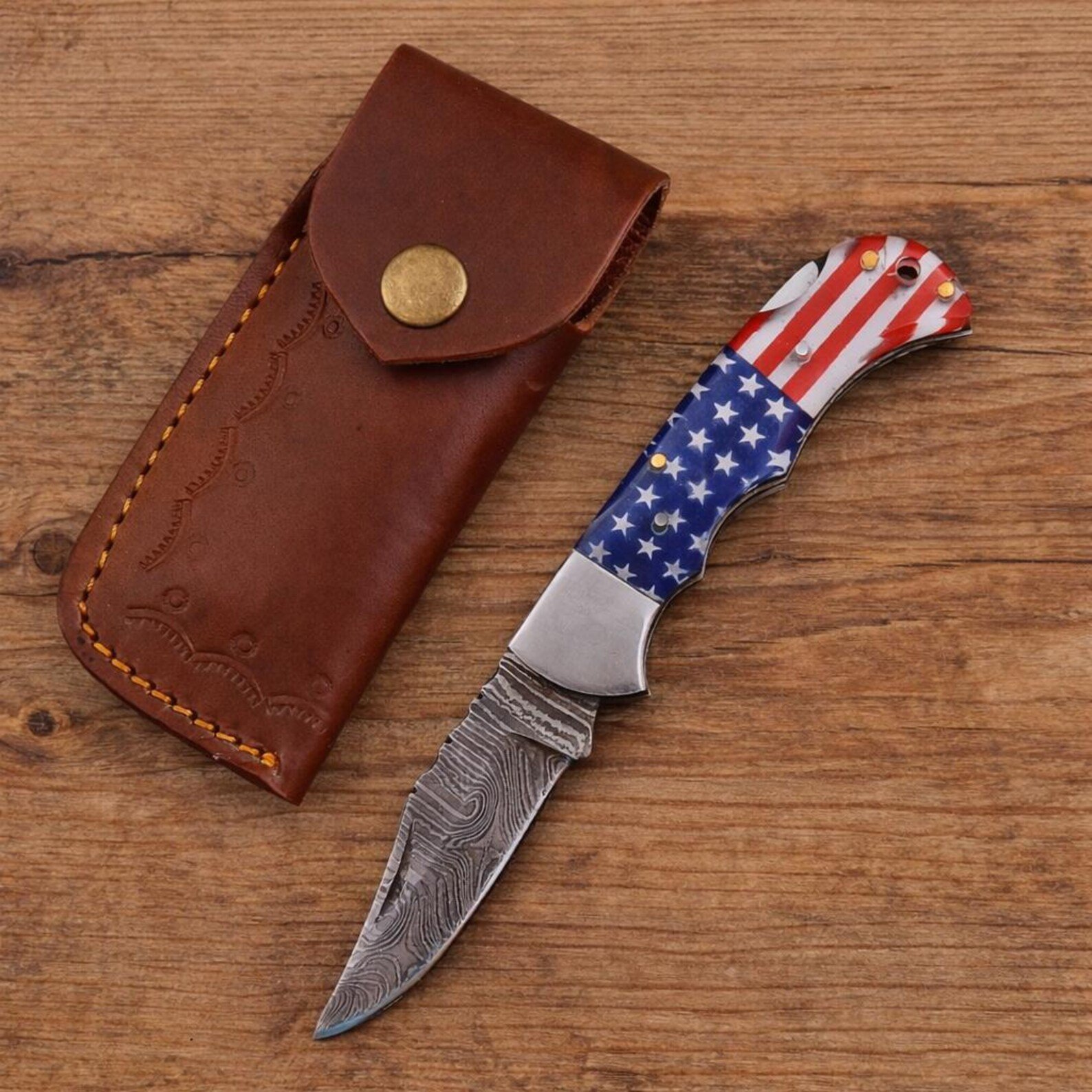 Custom Damascus Folding Knife American Flag Resin Handle - Image 2