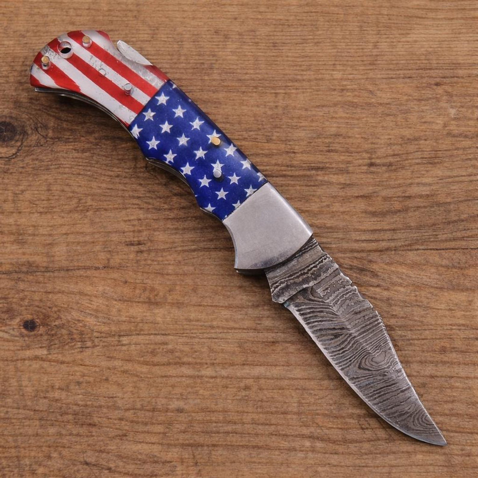 Custom Damascus Folding Knife American Flag Resin Handle - Image 3
