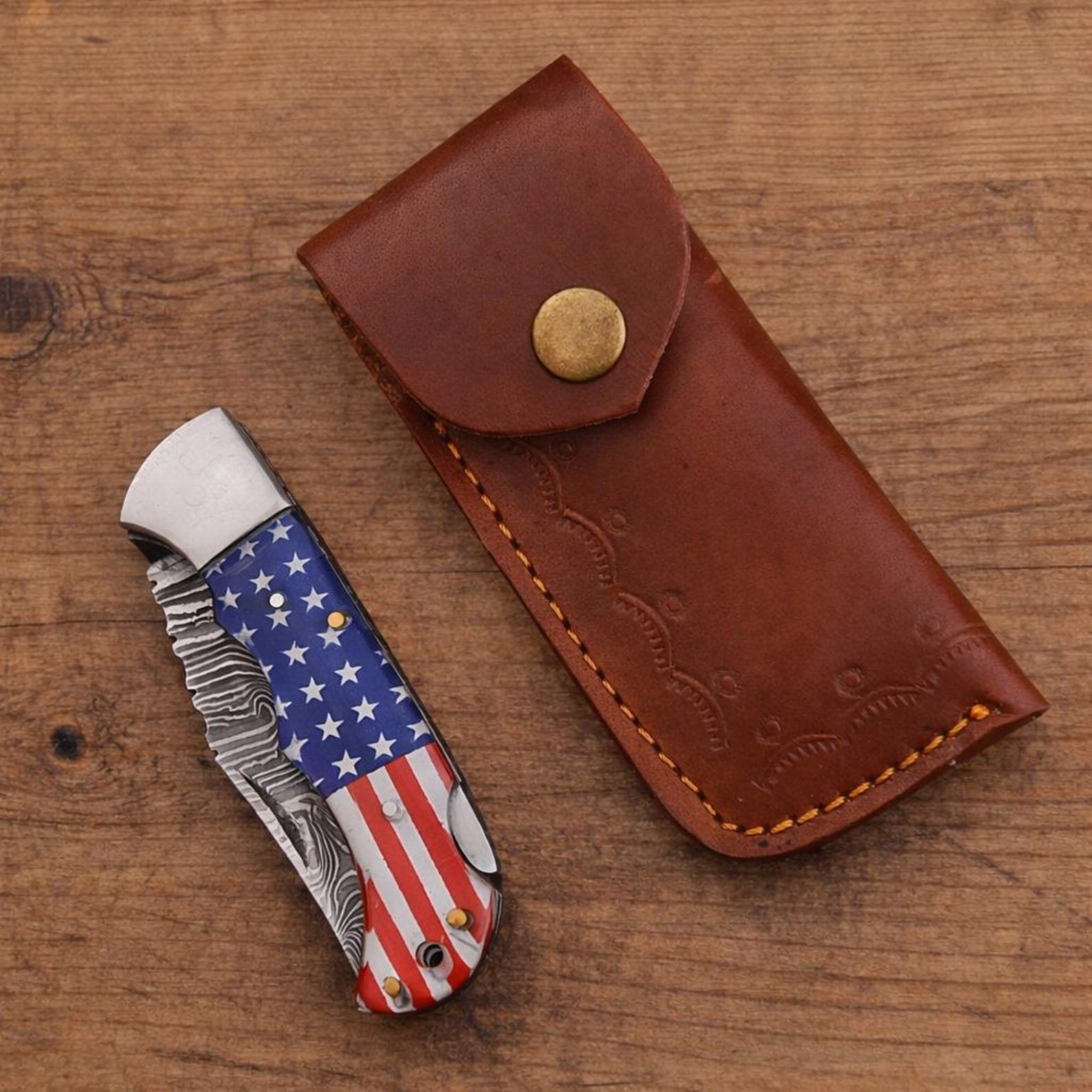 Custom Damascus Folding Knife American Flag Resin Handle - Image 4