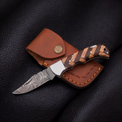 Handmade Damascus Steel Folding Pocket Knife with Wood Handle
