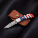 Handmade Damascus Steel Folding Knife with Wood Handle and Leather Pouch