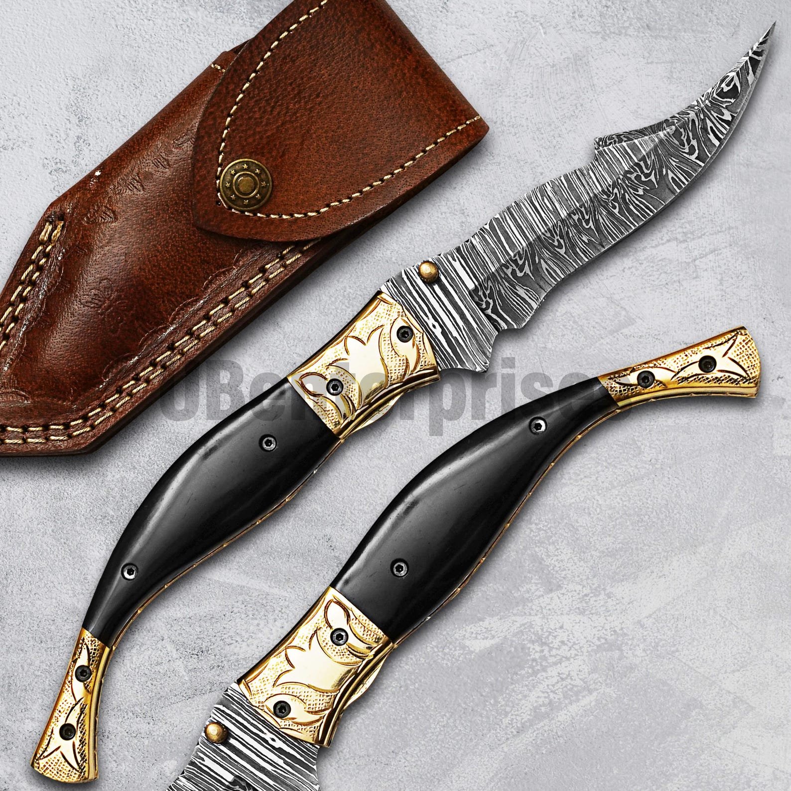Custom Damascus Steel Groomsman Knife with Black Horn Handle - Image 3