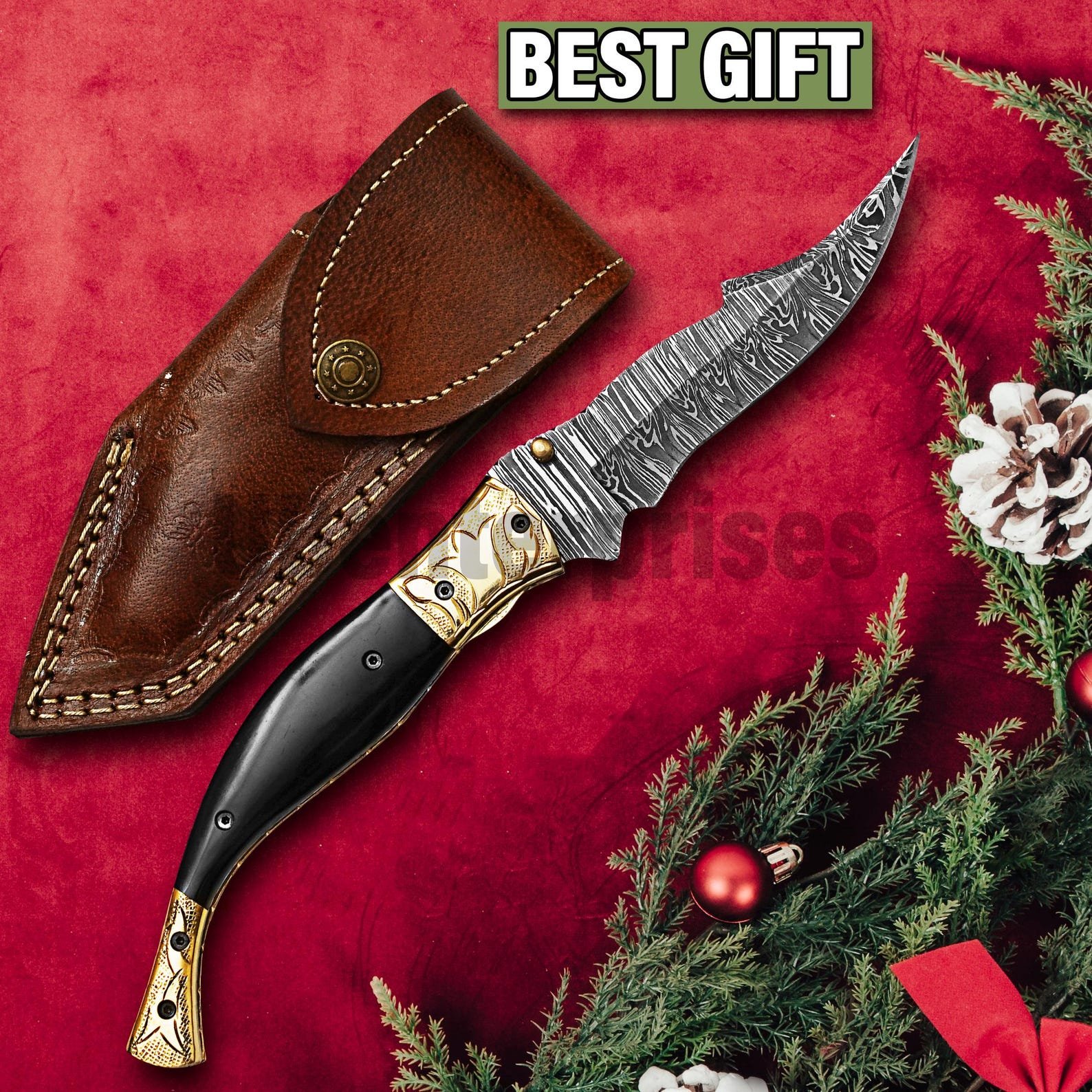 Custom Damascus Steel Groomsman Knife with Black Horn Handle - Image 4