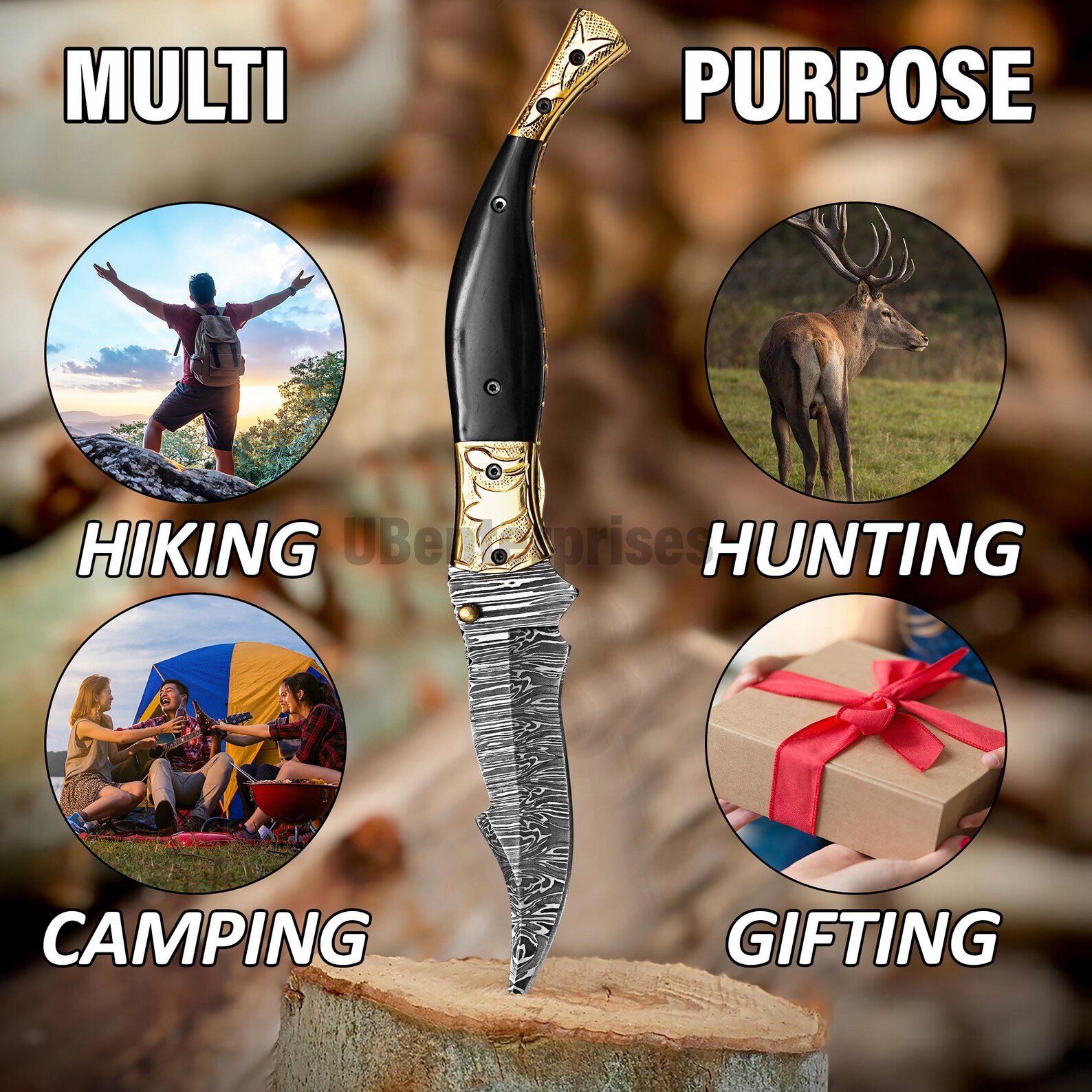 Custom Damascus Steel Groomsman Knife with Black Horn Handle - Image 5