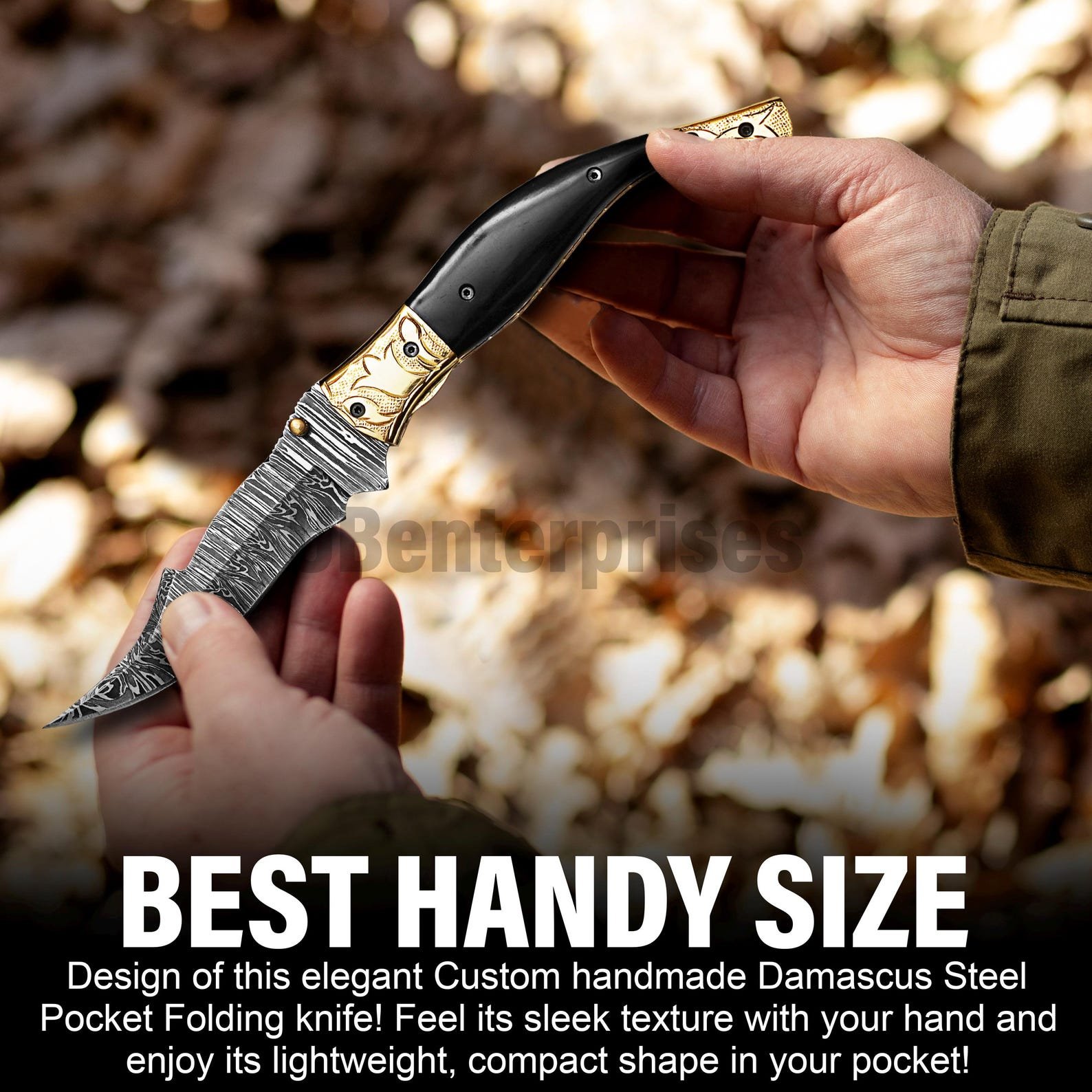 Custom Damascus Steel Groomsman Knife with Black Horn Handle - Image 6