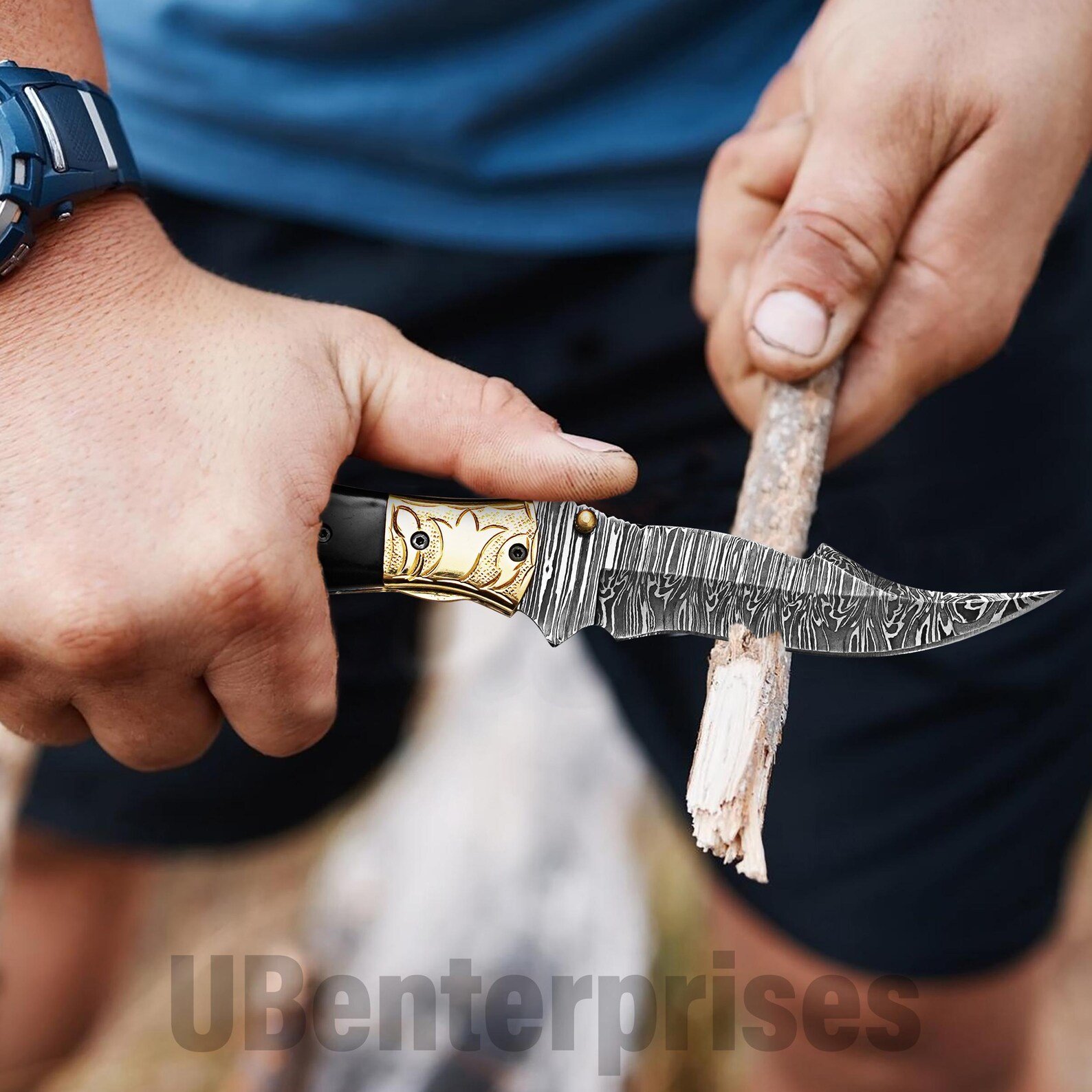 Custom Damascus Steel Groomsman Knife with Black Horn Handle - Image 7