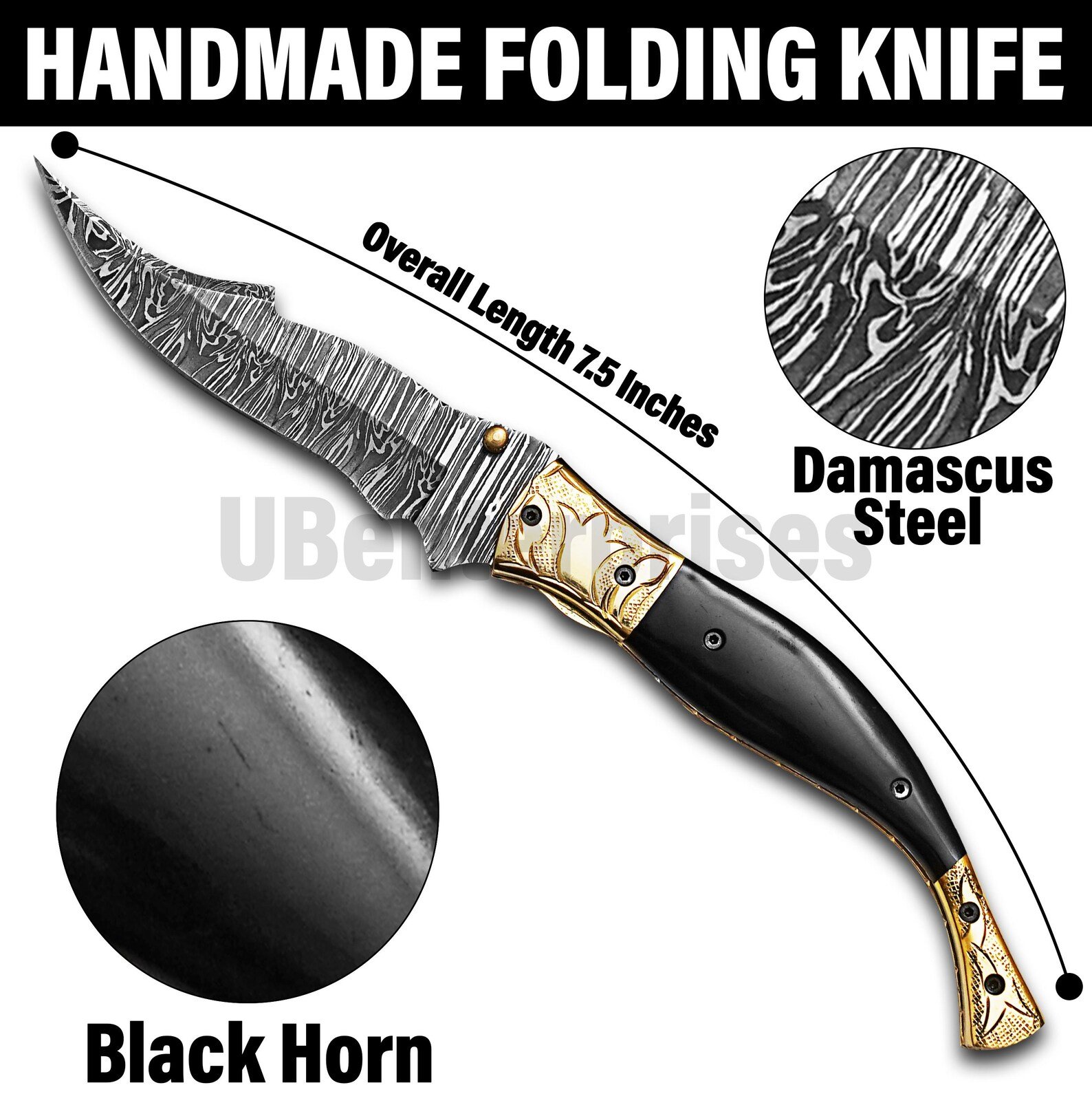 Custom Damascus Steel Groomsman Knife with Black Horn Handle - Image 8