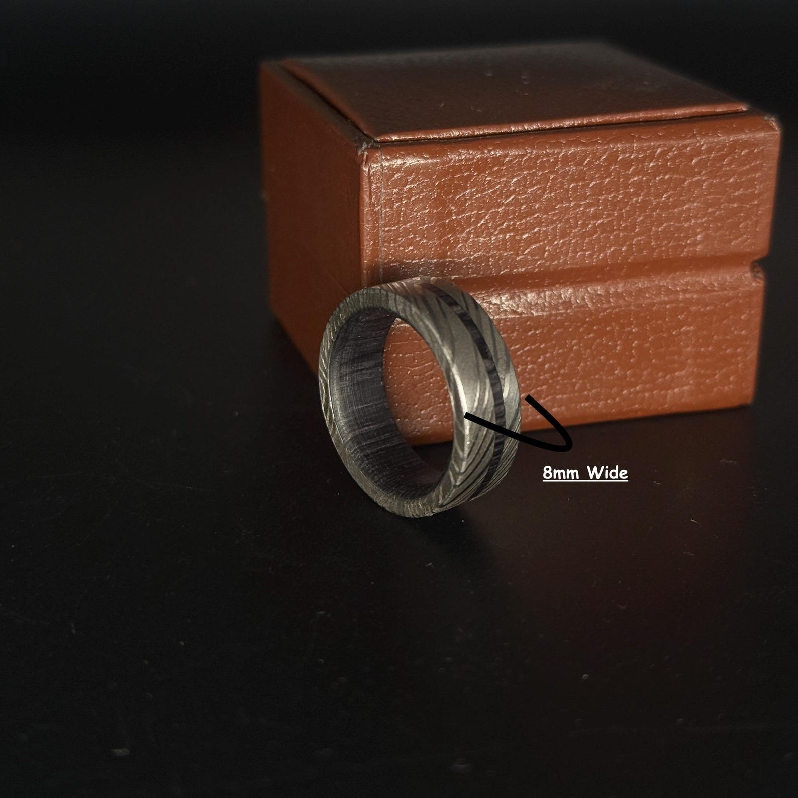 Custom 8mm Damascus Steel Ring with Wood Inlay - Image 2