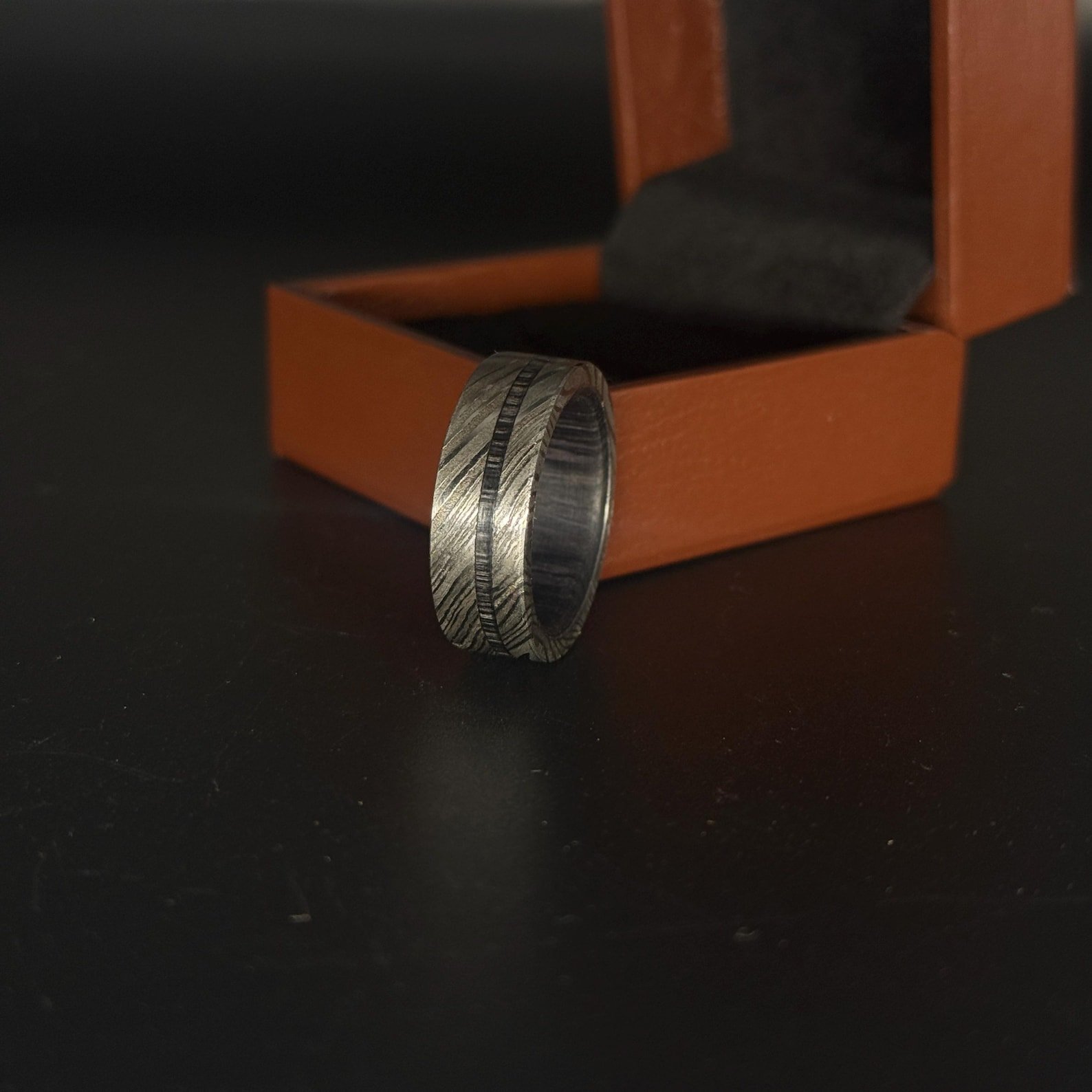 Custom 8mm Damascus Steel Ring with Wood Inlay - Image 3