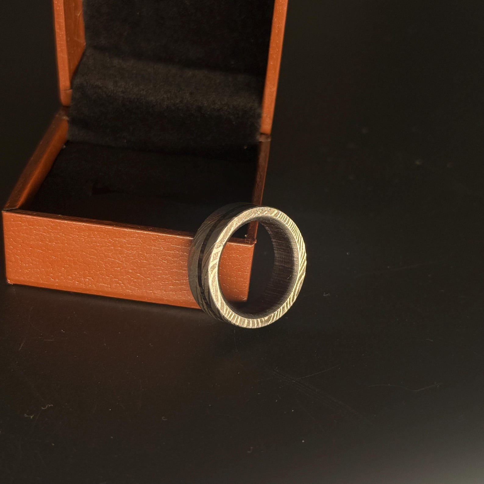 Custom 8mm Damascus Steel Ring with Wood Inlay - Image 4