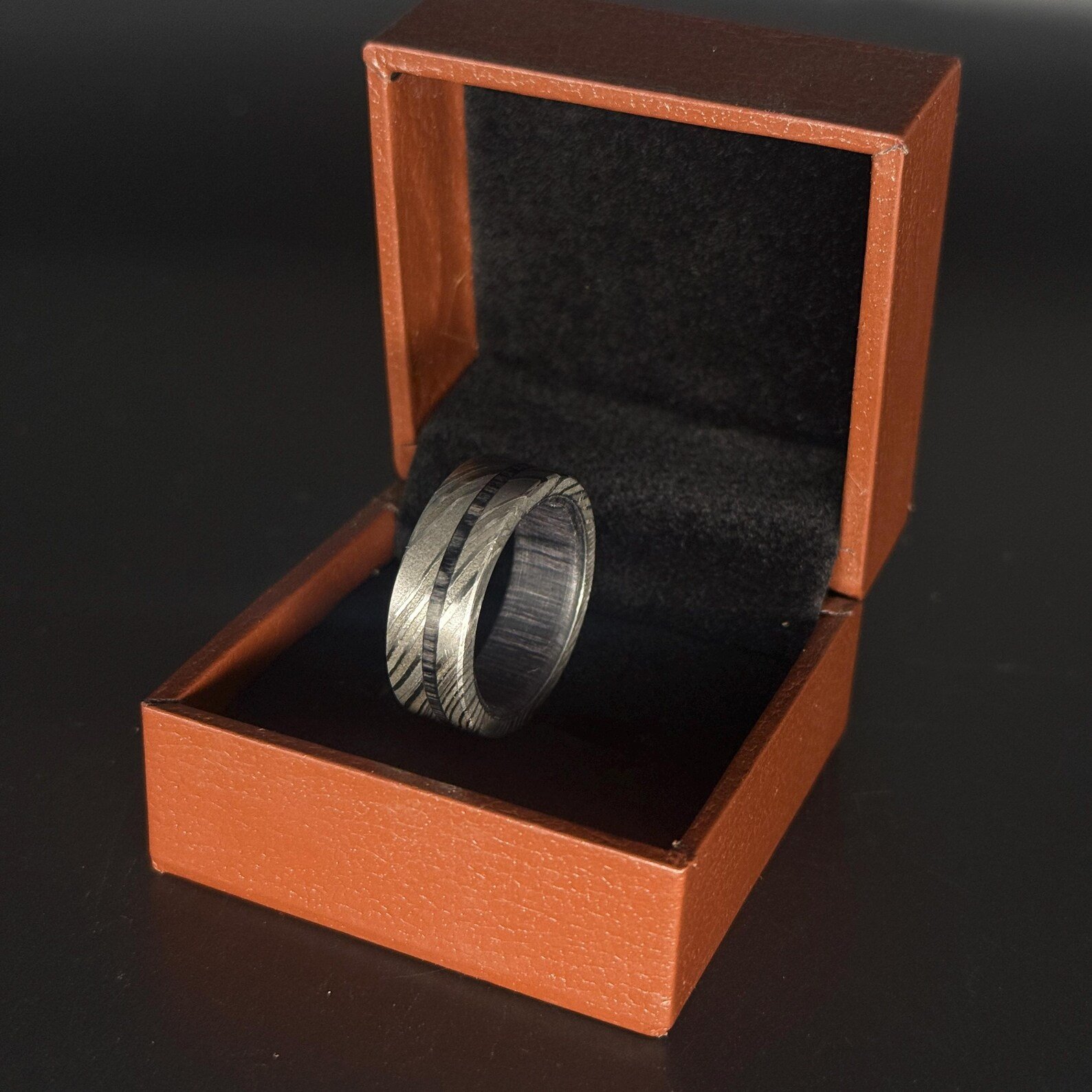 Custom 8mm Damascus Steel Ring with Wood Inlay - Image 5