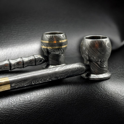 Hand-Forged Damascus Steel Smoking Pipe with Brass Accents