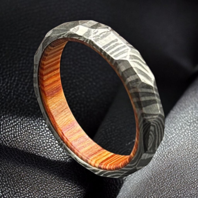 Hand-Forged Damascus Steel Ring with Natural Hardwood Interior