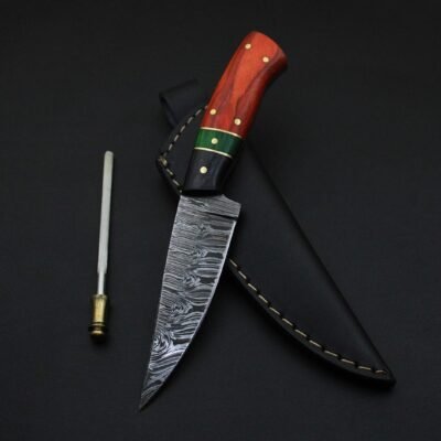 Custom Damascus Skinner Knife | Leather Sheath | Hunting Gift