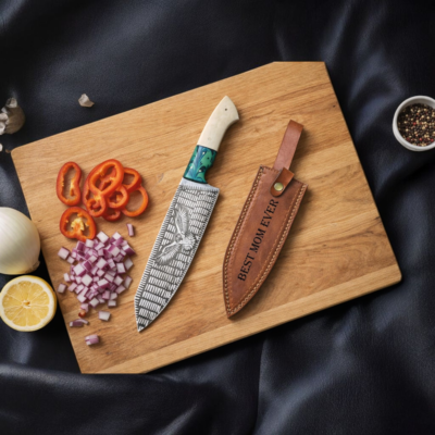 Personalized Mother's Day Chef Knife with Eagle Print and Camel Bone Handle