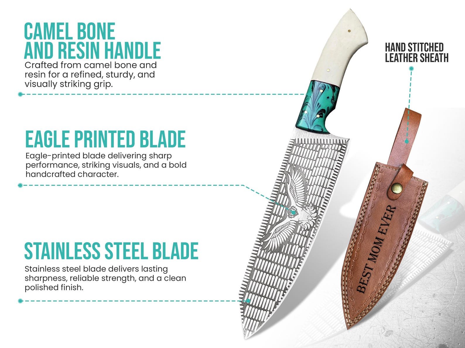 Personalized Mother's Day Chef Knife with Eagle Print and Camel Bone Handle - Image 2