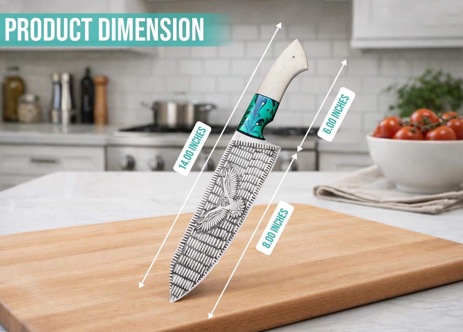 Personalized Mother's Day Chef Knife with Eagle Print and Camel Bone Handle - Image 3