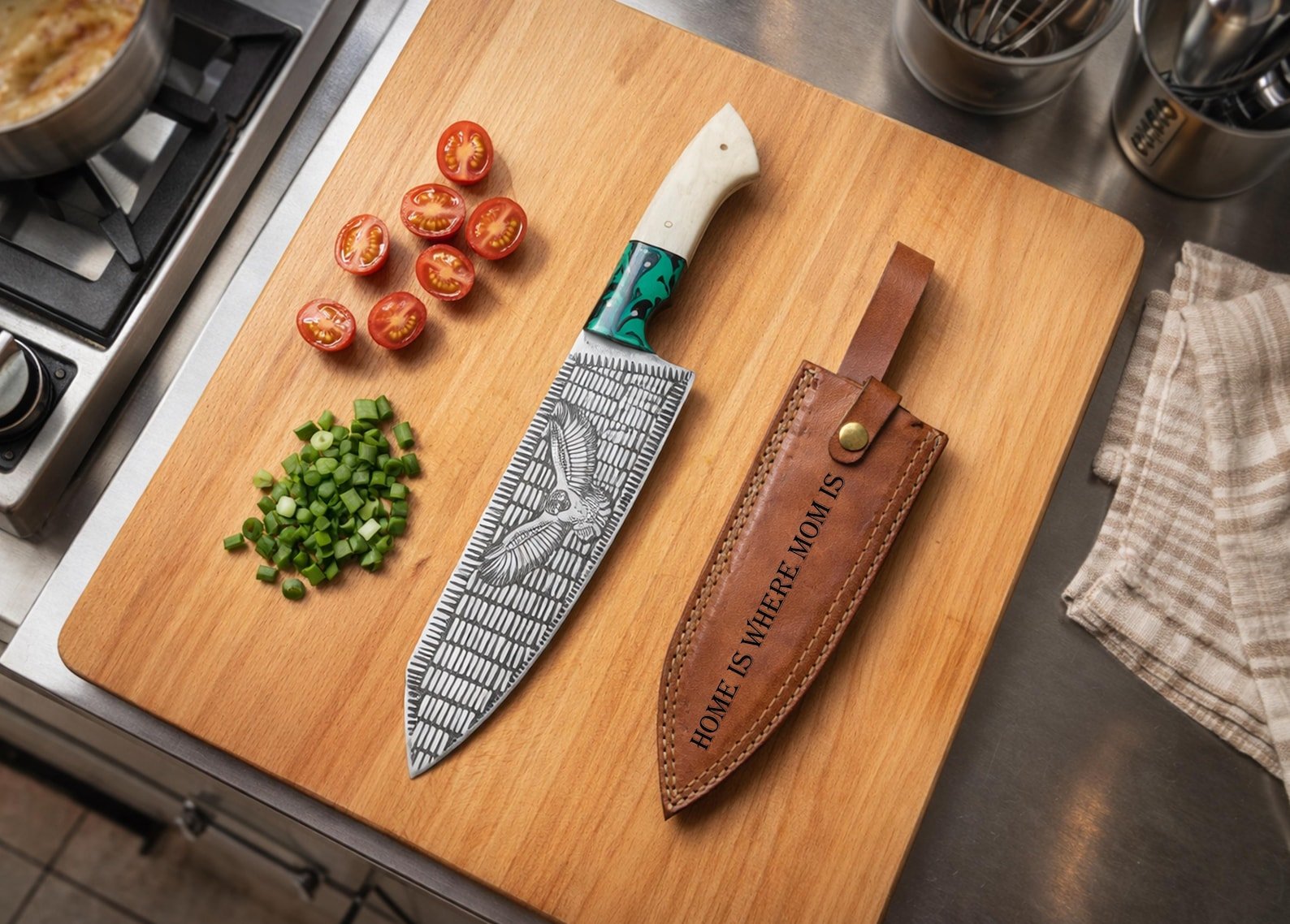 Personalized Mother's Day Chef Knife with Eagle Print and Camel Bone Handle - Image 5