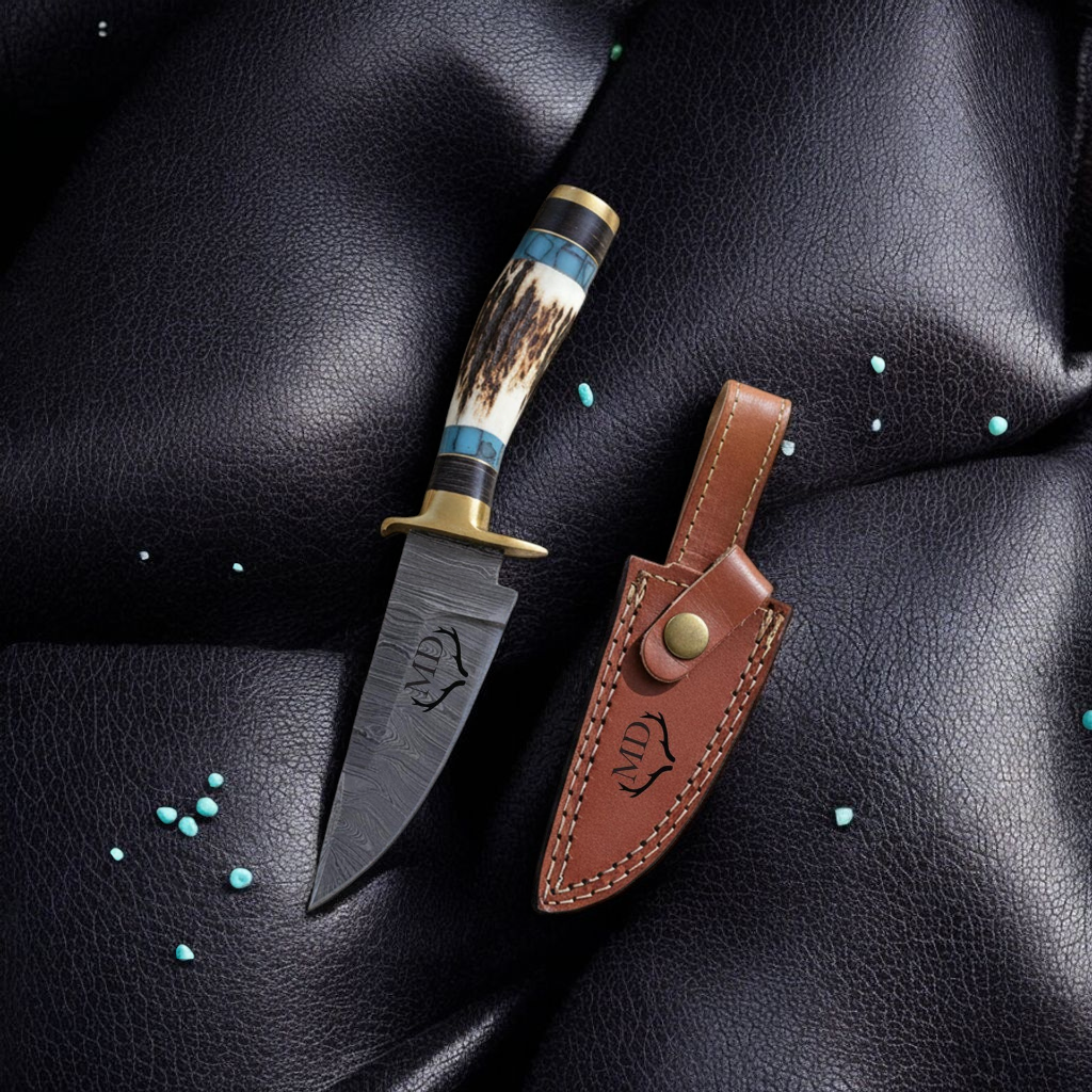 Custom Engraved Damascus Steel Knife with Stag Antler Handle