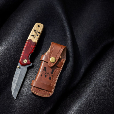 Custom Damascus Pocket Knife with Olive Wood and Red Resin Handle