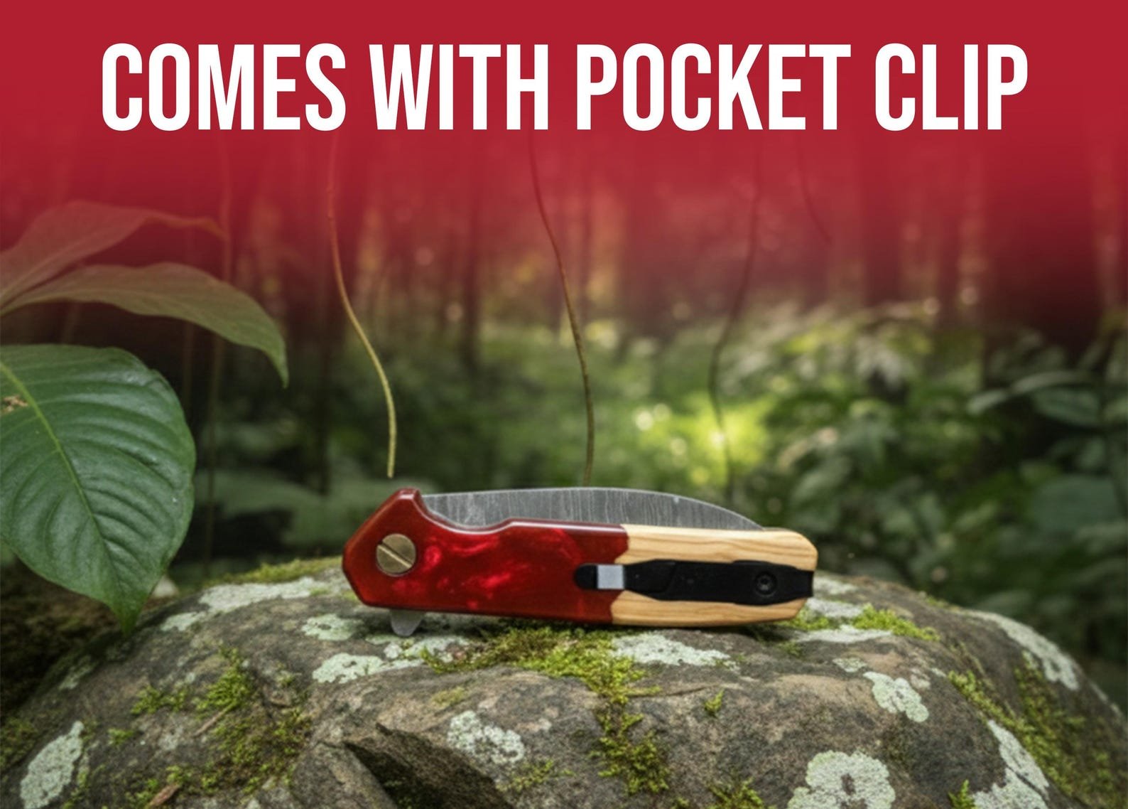 Custom Damascus Pocket Knife with Olive Wood and Red Resin Handle - Image 3