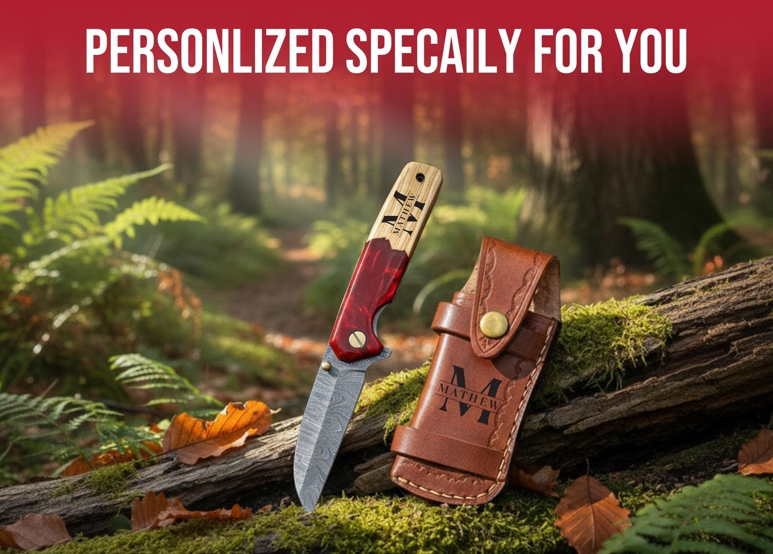 Custom Damascus Pocket Knife with Olive Wood and Red Resin Handle - Image 4