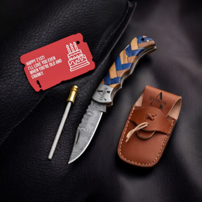 Custom Engraved Damascus Steel Pocket Knife with Olive Wood Handle