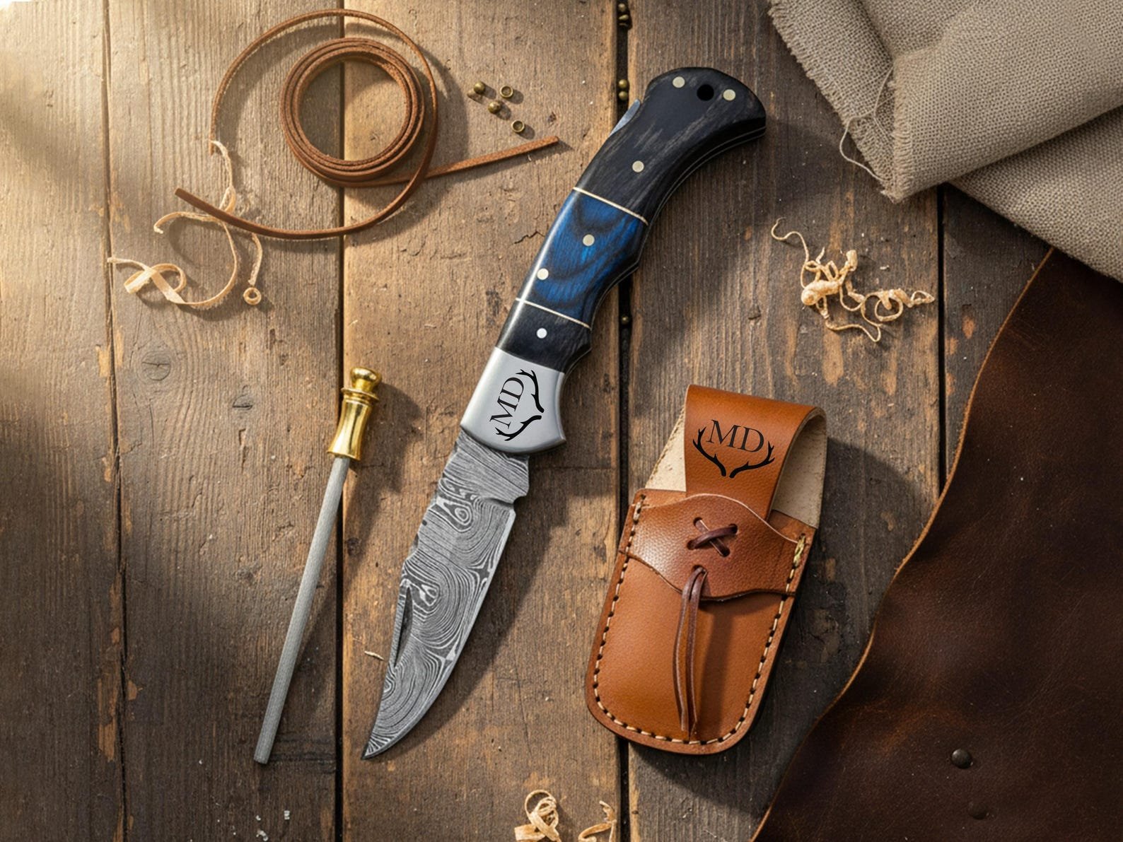 Custom Engraved Damascus Steel Pocket Knife with Olive Wood Handle - Image 6