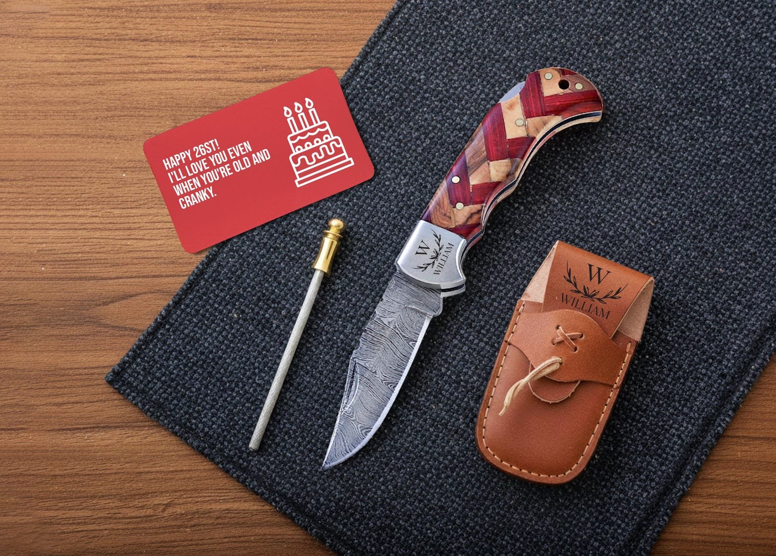 Custom Engraved Damascus Steel Pocket Knife with Olive Wood Handle - Image 7