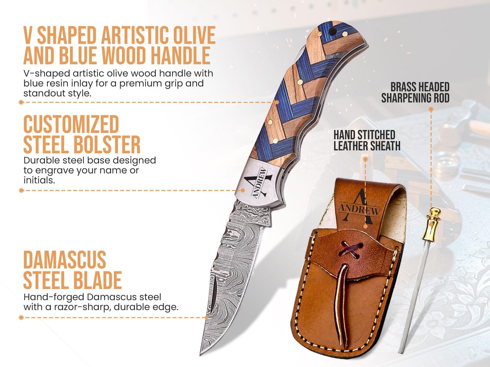Custom Engraved Damascus Steel Pocket Knife with Olive Wood Handle - Image 2