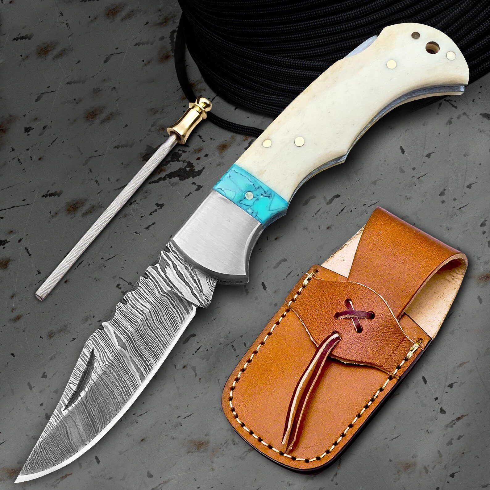 Custom Engraved Damascus Steel Pocket Knife with Olive Wood Handle - Image 4