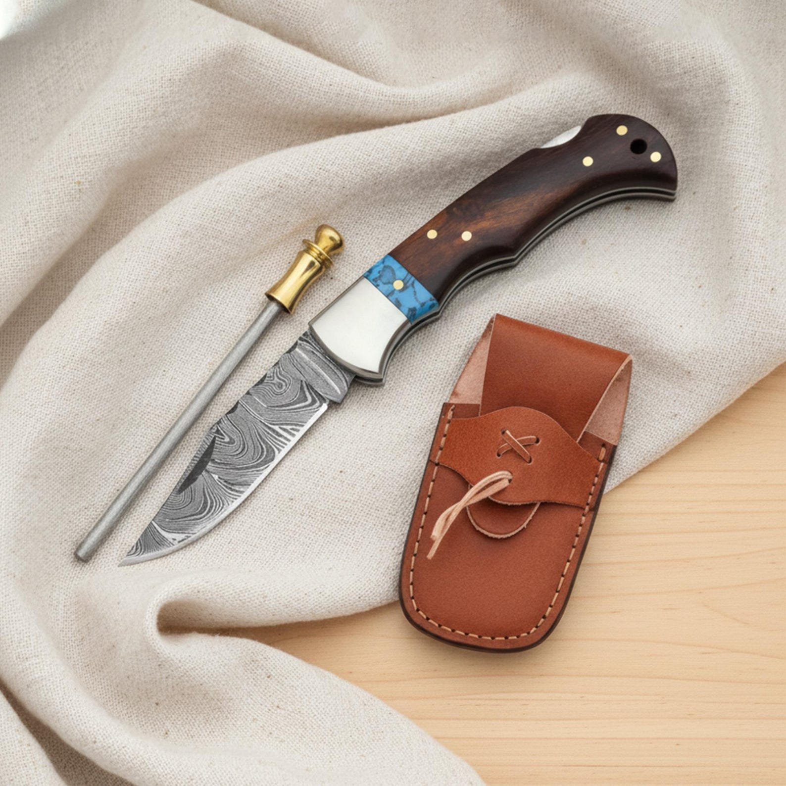 Custom Engraved Damascus Steel Pocket Knife with Olive Wood Handle - Image 5