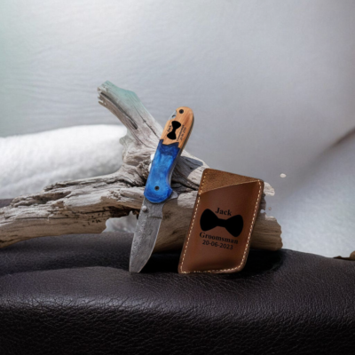 Custom Damascus Sea Shore Pocket Knife Engraved Groomsmen Gift