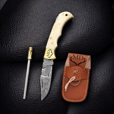 Custom Engraved Damascus Pocket Knife with Camel Bone Handle