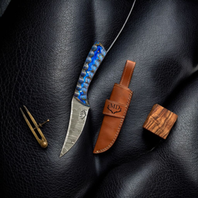 Hand-Forged Damascus Fixed Blade Knife with Grooved Red Wood Handle and Custom Engraving