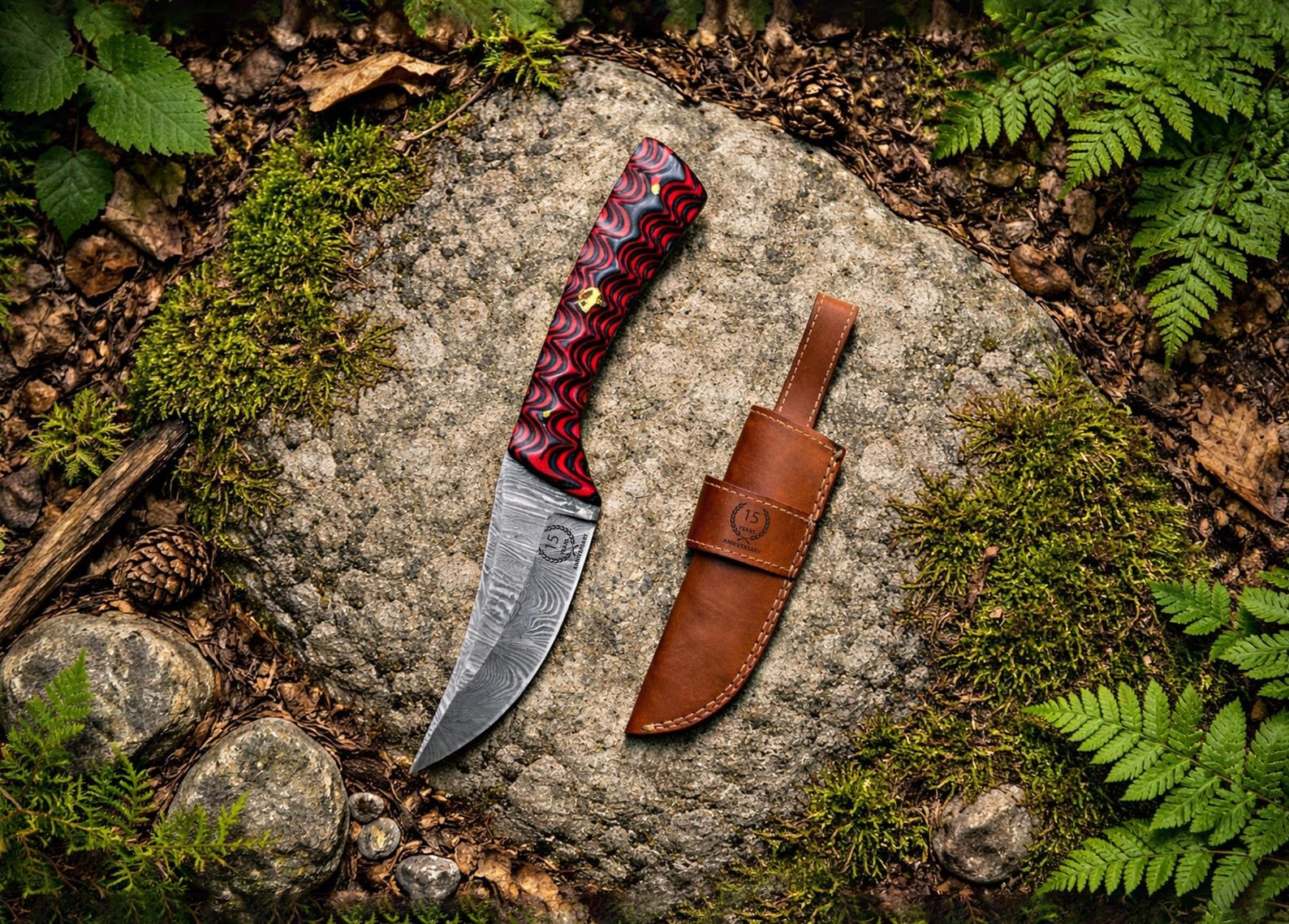 Hand-Forged Damascus Fixed Blade Knife with Grooved Red Wood Handle and Custom Engraving - Image 2