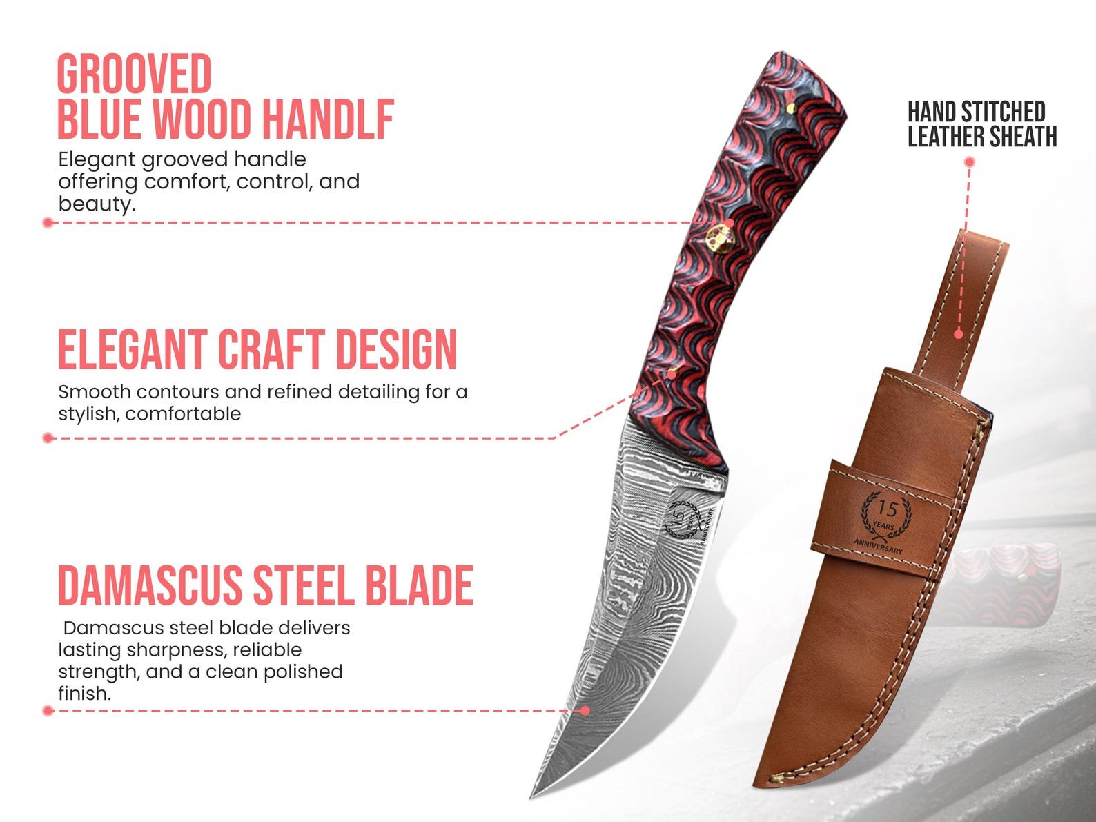 Hand-Forged Damascus Fixed Blade Knife with Grooved Red Wood Handle and Custom Engraving - Image 3