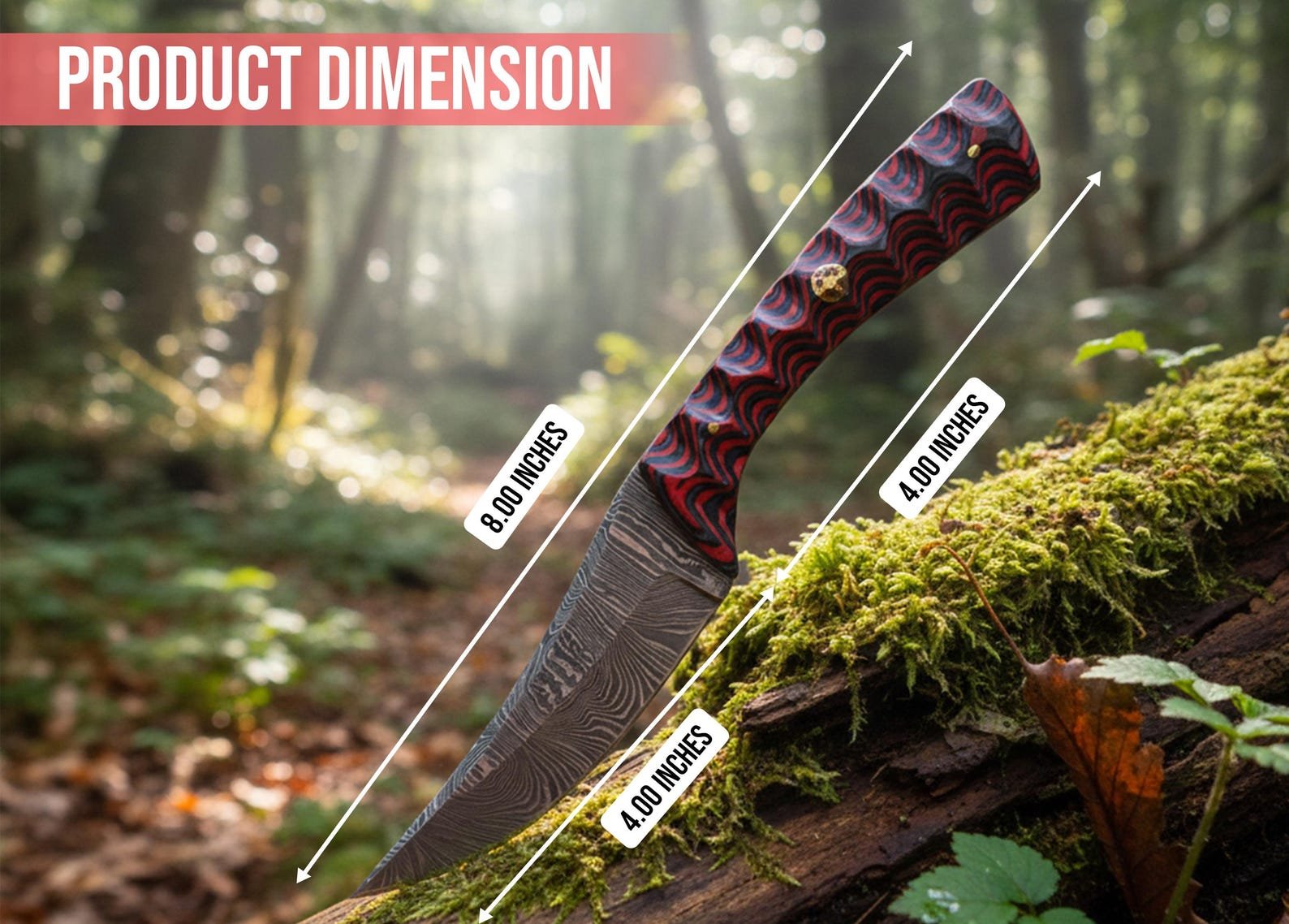 Hand-Forged Damascus Fixed Blade Knife with Grooved Red Wood Handle and Custom Engraving - Image 4