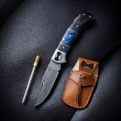 Personalized Damascus Pocket Knife with Genuine Leather Sheath