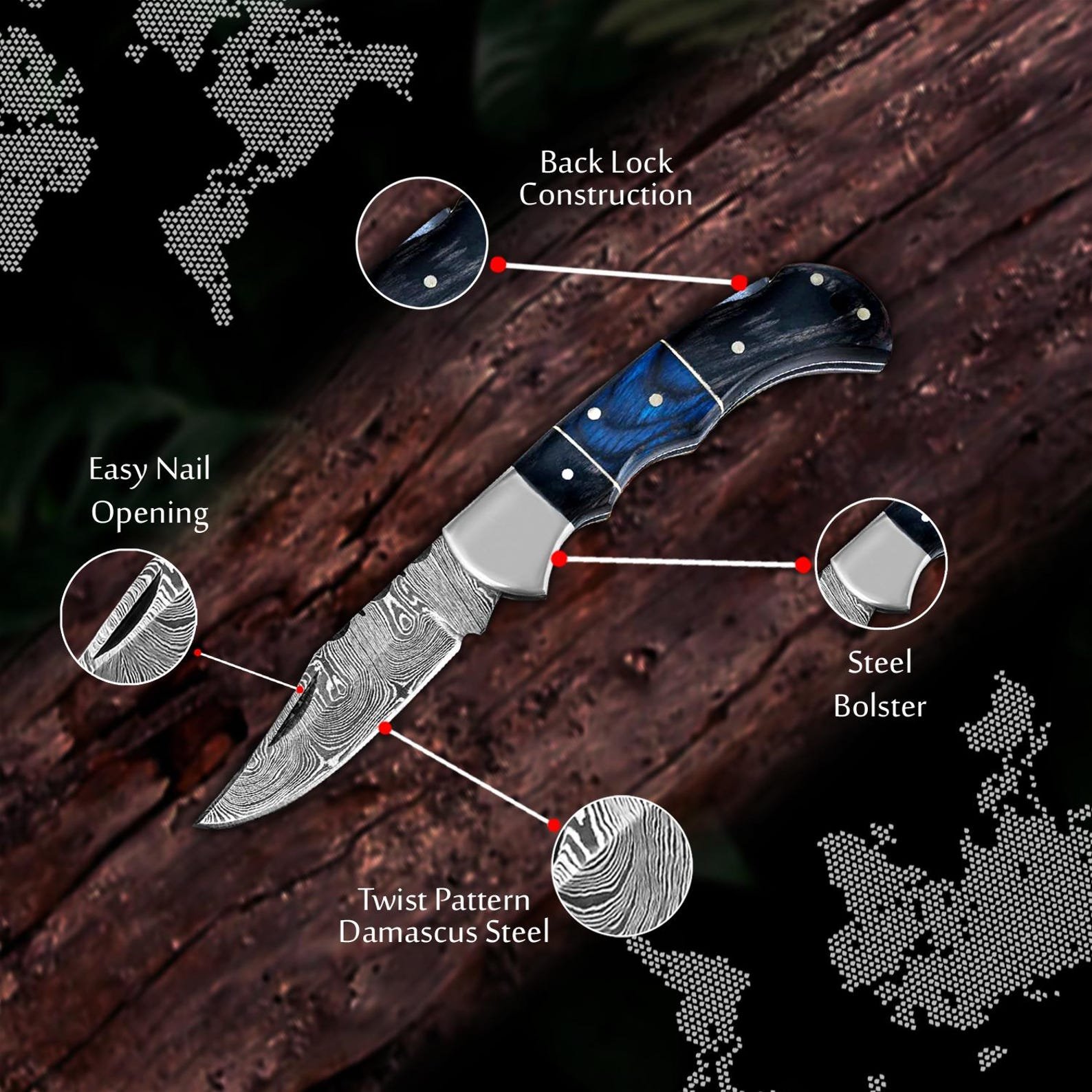 Personalized Damascus Pocket Knife with Genuine Leather Sheath - Image 2