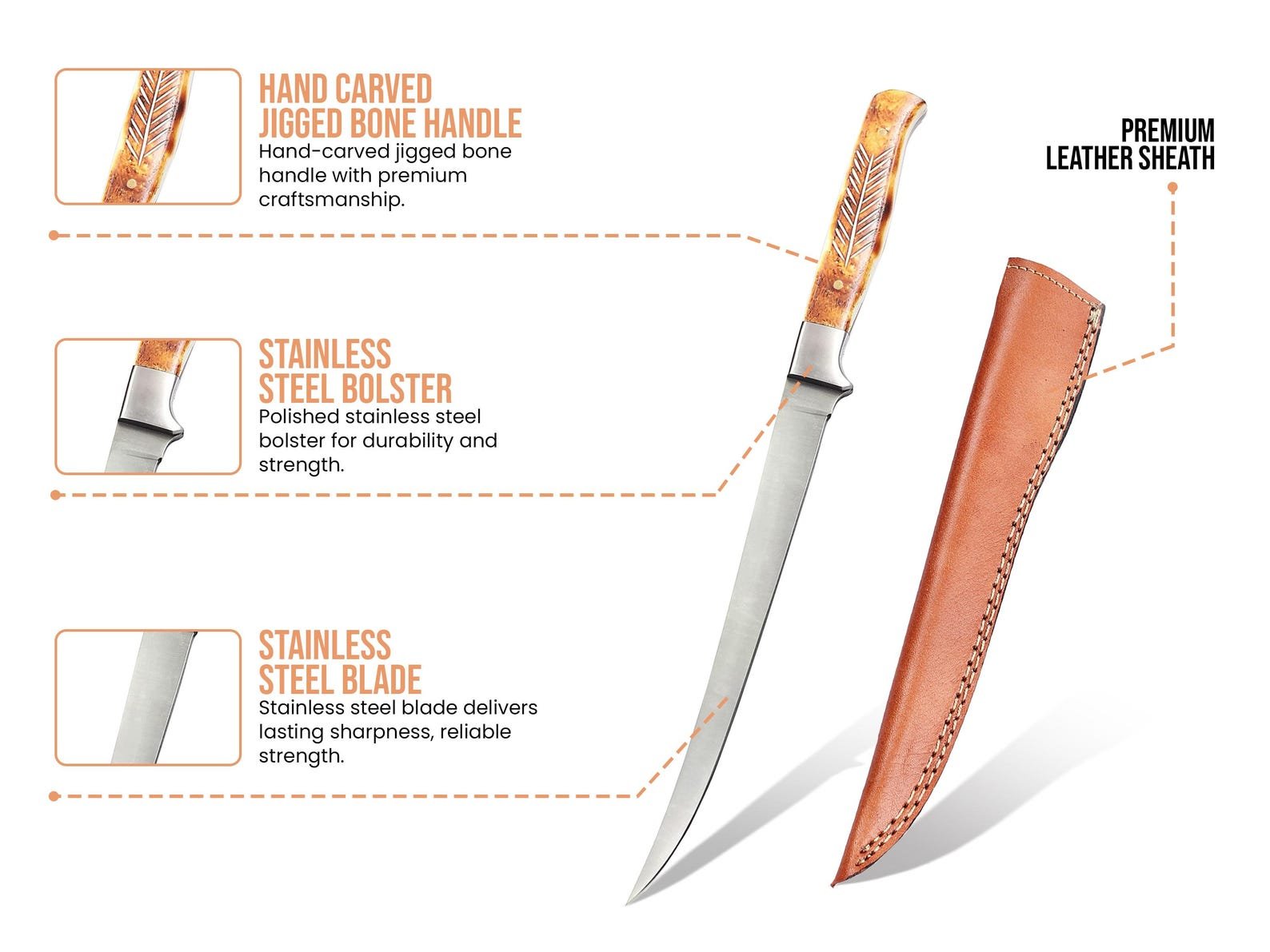 Personalized Hand-Carved Bone Fillet Knife with Leather Sheath - Image 5
