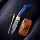 Personalized Damascus Steel Pocket Knife with Blue Wood Handle