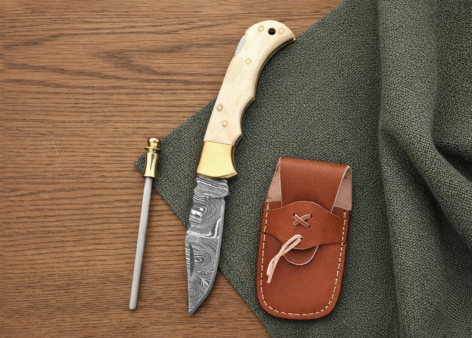 Personalized Damascus Steel Pocket Knife with Blue Wood Handle - Image 8