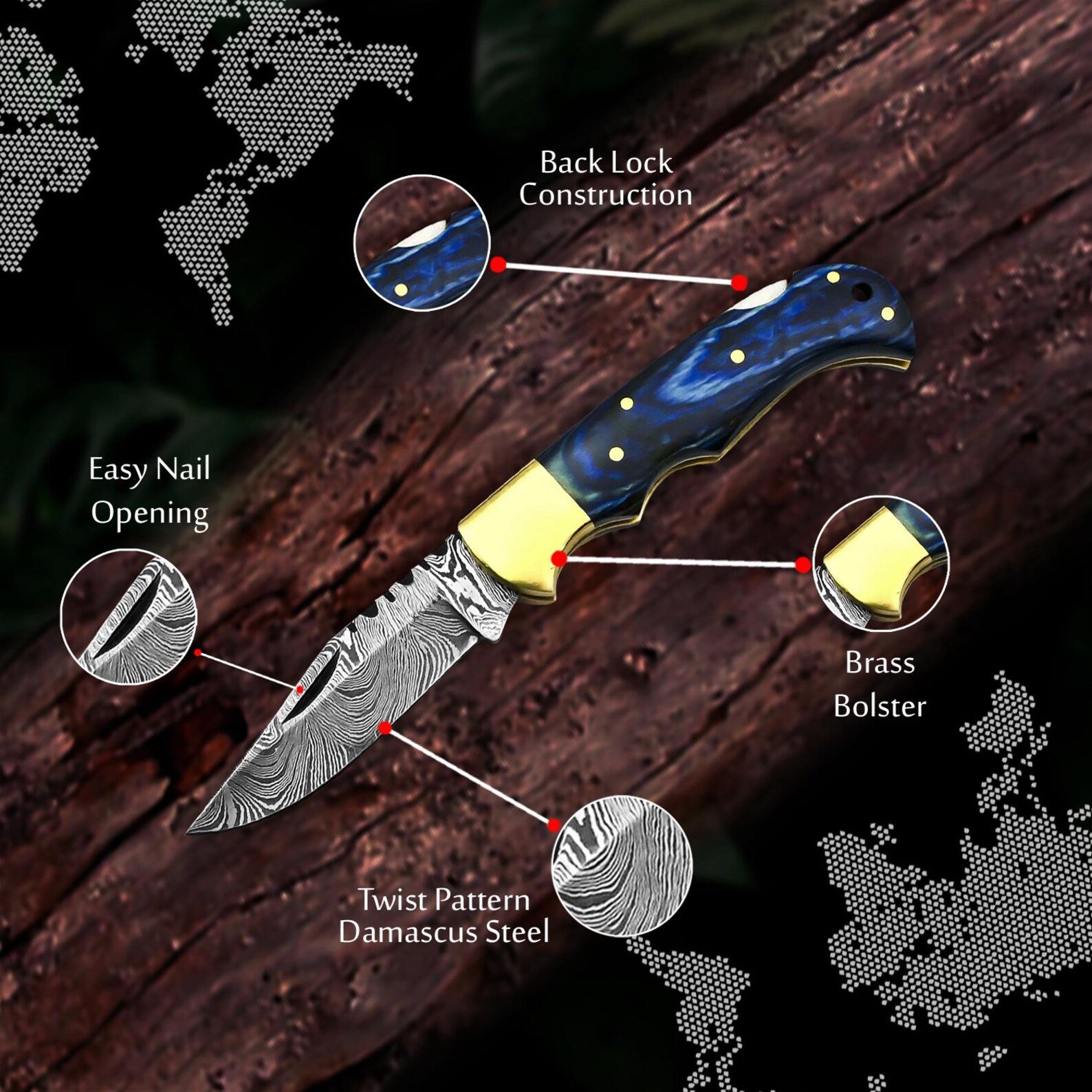 Personalized Damascus Steel Pocket Knife with Blue Wood Handle - Image 2