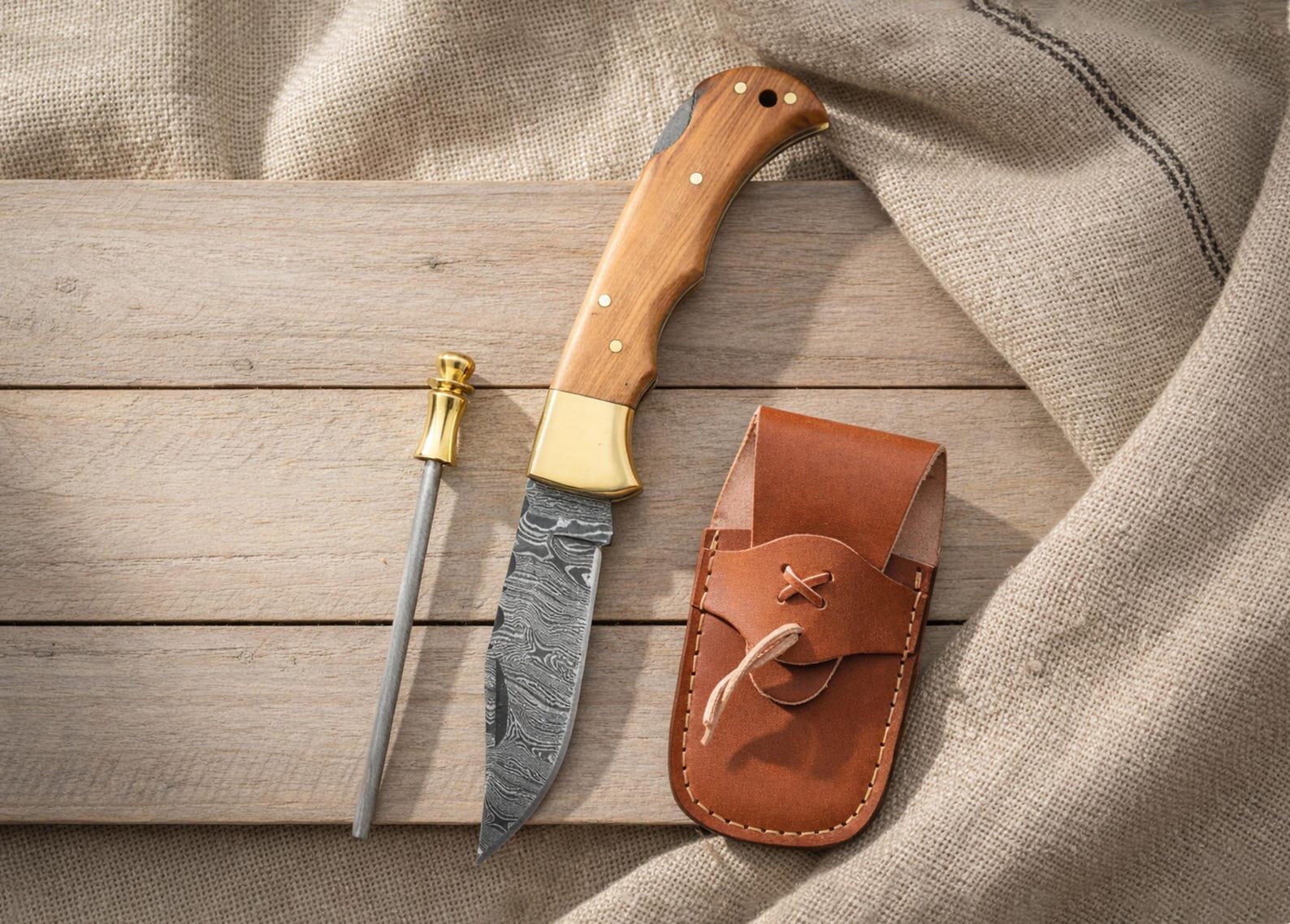 Personalized Damascus Steel Pocket Knife with Blue Wood Handle - Image 5