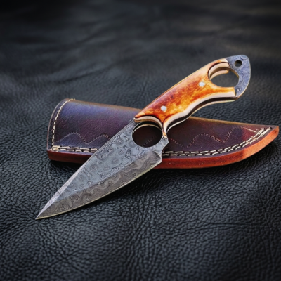 Custom 9 Inch Full Tang Damascus Ringtail Knife With Camel Bone Handle